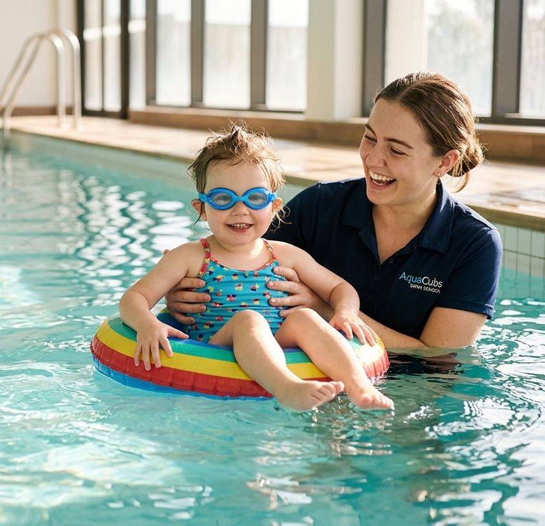 A child enjoying a swimming lesson in the AquaCubs pool