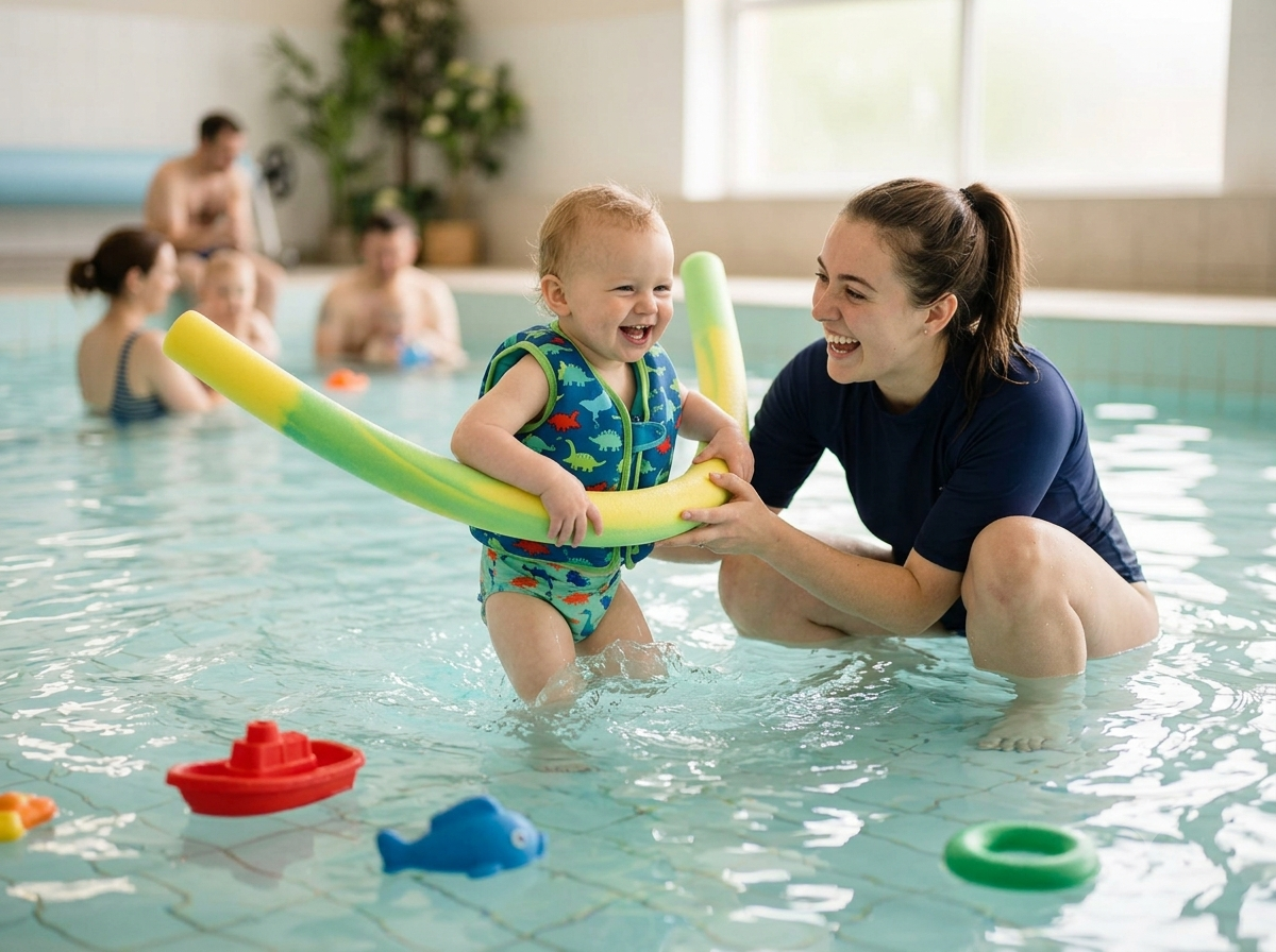 A toddler with arm floats and a kickboard